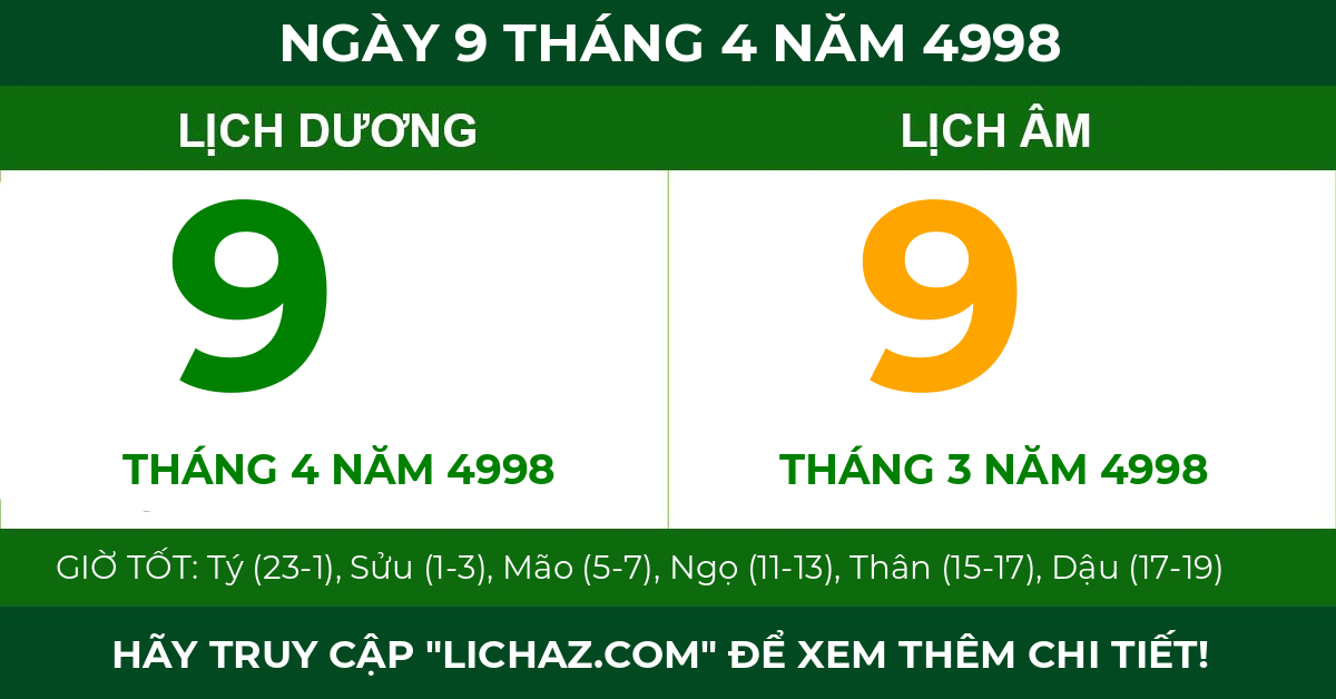 lịch âm ngày 9 tháng 4 năm 4998