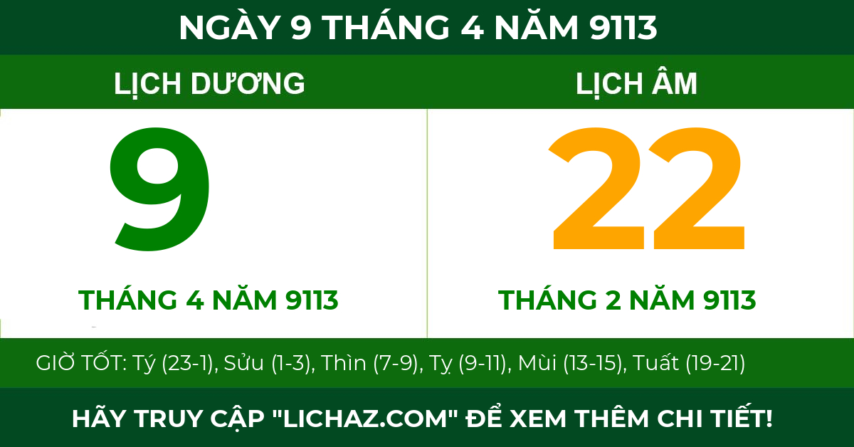 lịch âm ngày 9 tháng 4 năm 9113
