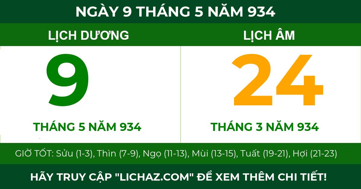 lịch âm ngày 9 tháng 5 năm 934
