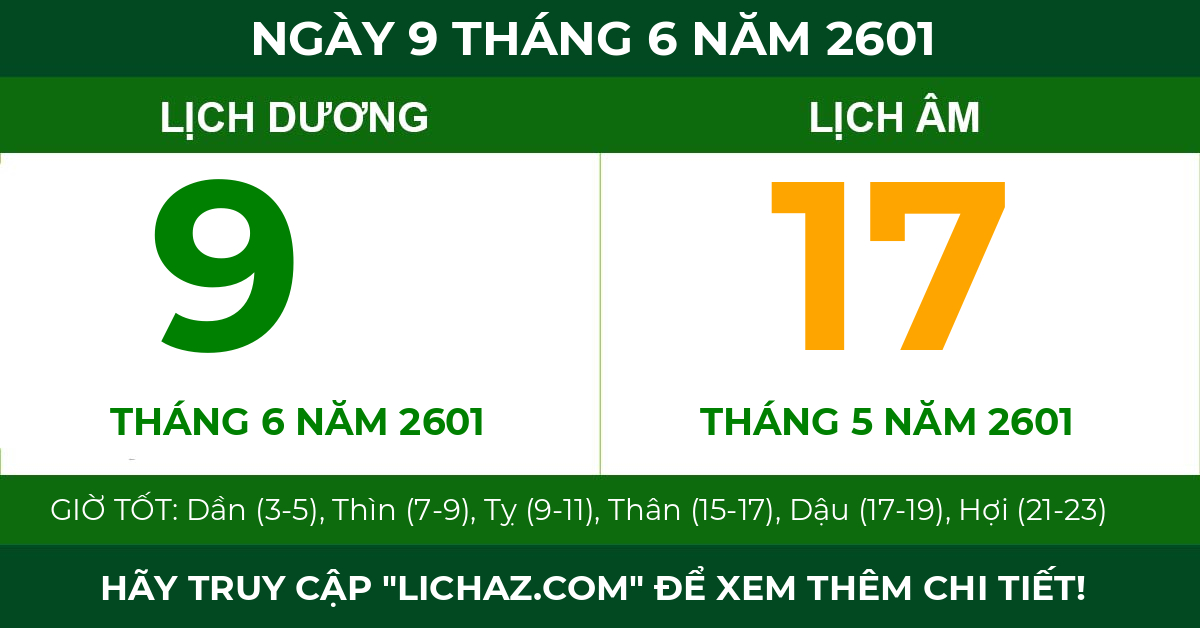 lịch âm ngày 9 tháng 6 năm 2601