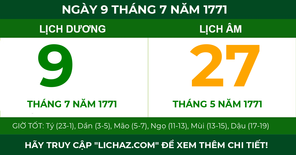 lịch âm ngày 9 tháng 7 năm 1771