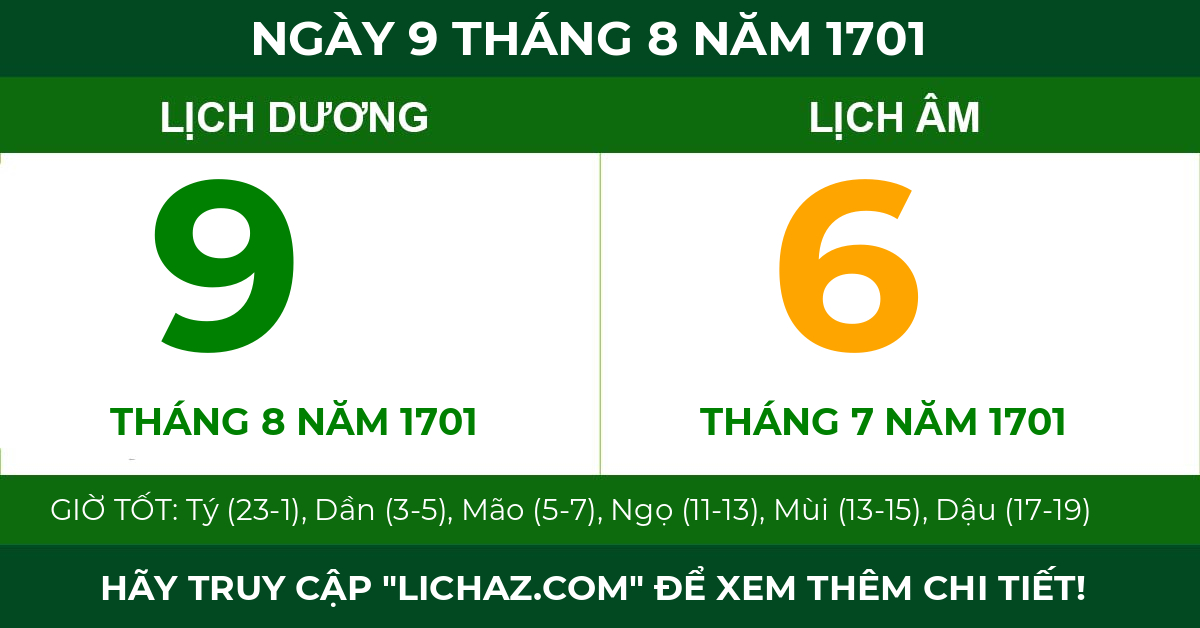 lịch âm ngày 9 tháng 8 năm 1701