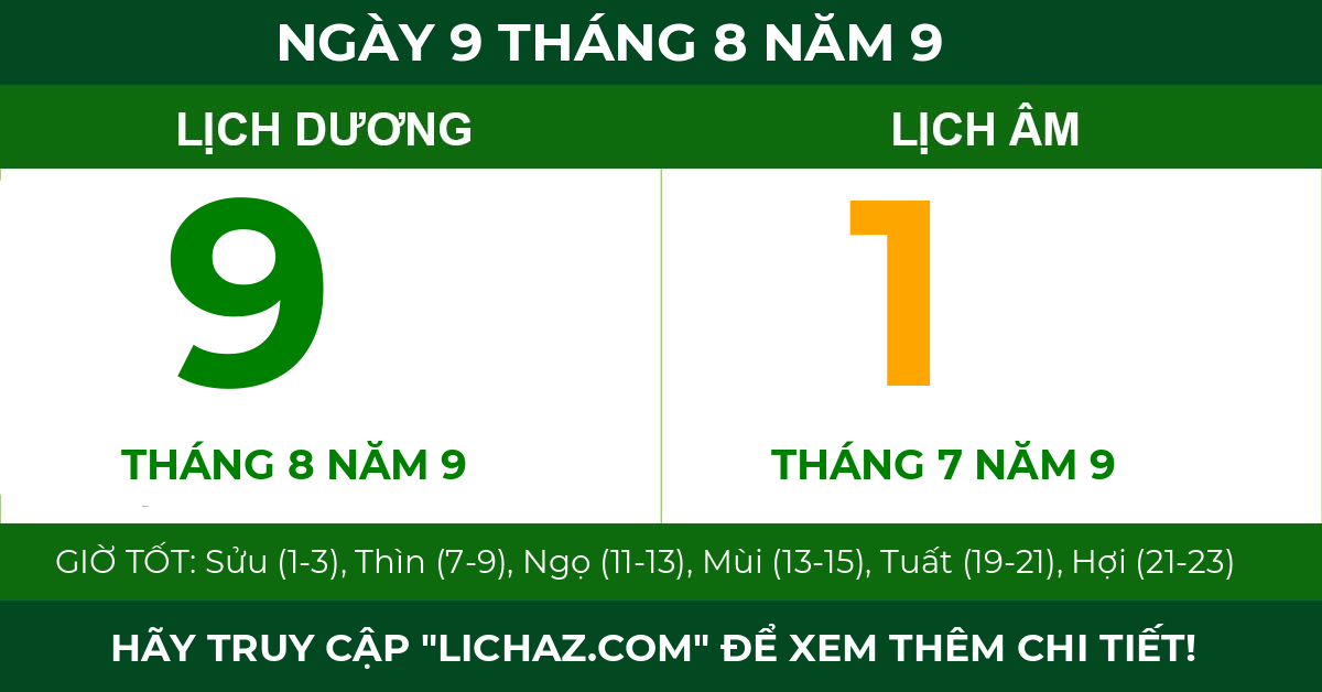 lịch âm ngày 9 tháng 8 năm 9