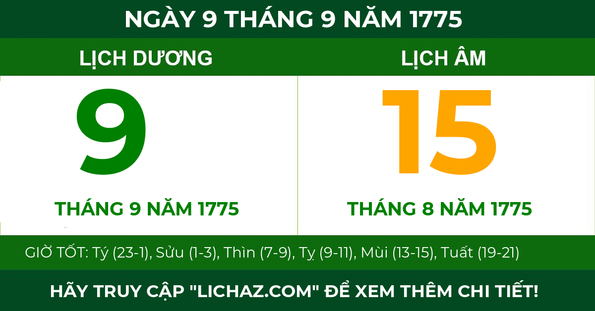 lịch âm ngày 9 tháng 9 năm 1775