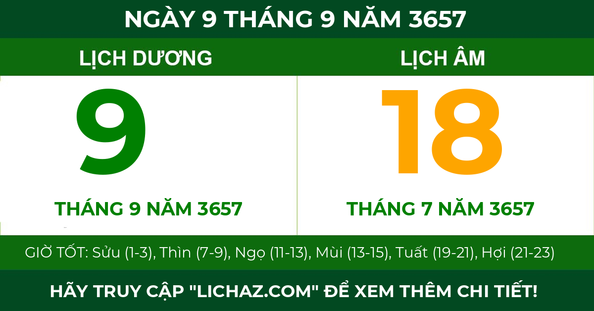 lịch âm ngày 9 tháng 9 năm 3657