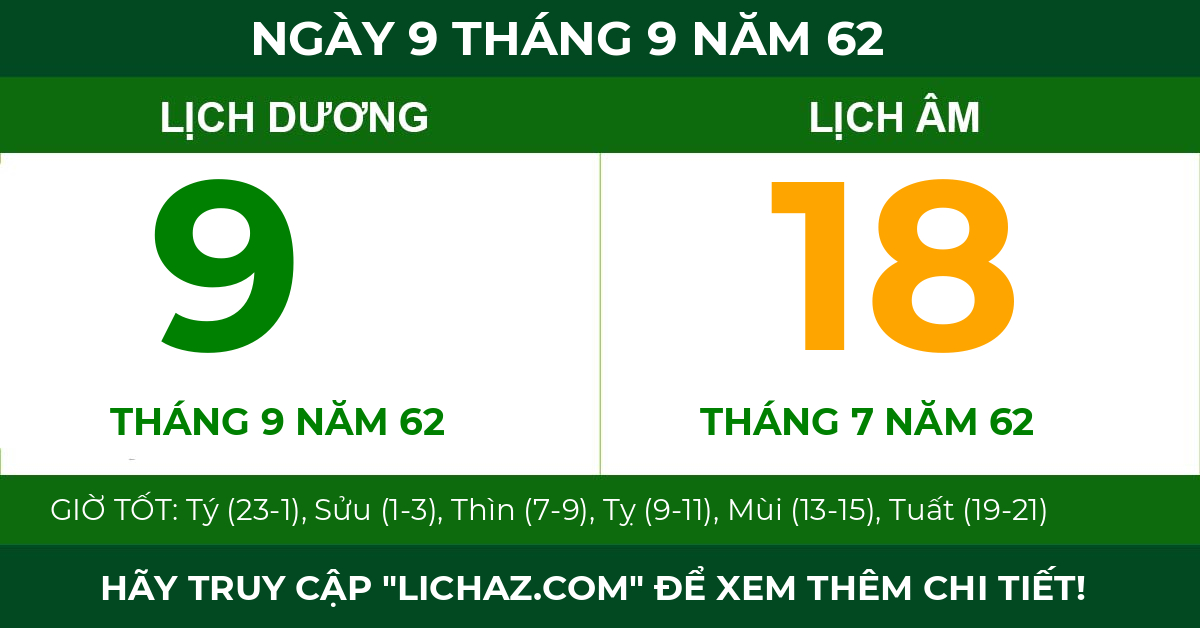 lịch âm ngày 9 tháng 9 năm 62