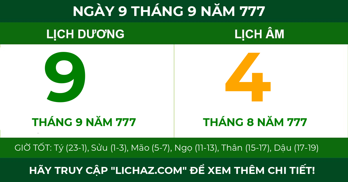 lịch âm ngày 9 tháng 9 năm 777