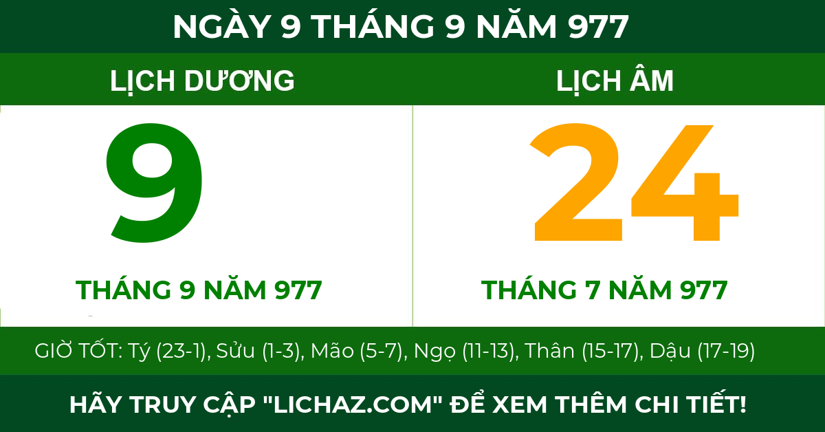 lịch âm ngày 9 tháng 9 năm 977